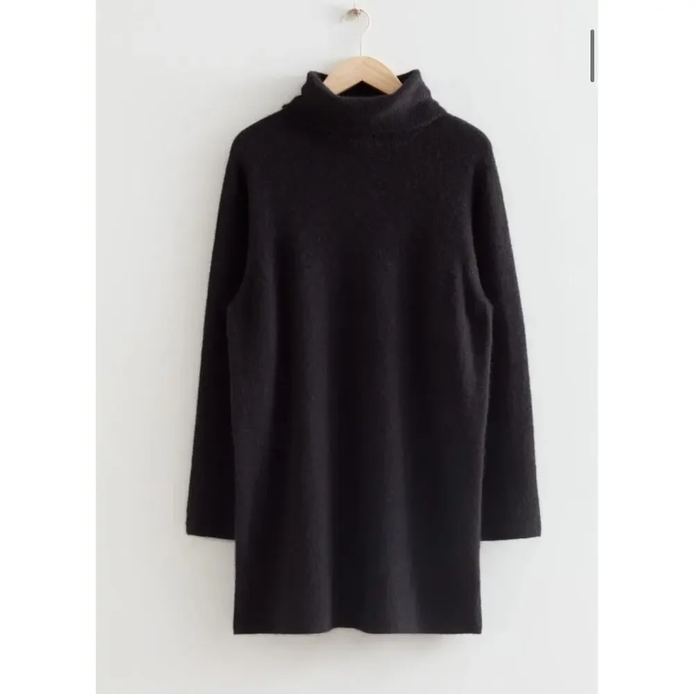 & Other Stories Alpaca/Wool Blend Knit Turtleneck Sweater Mini Dress - Black L - Picture 1 of 8